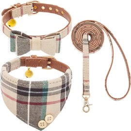 Juego de collar y correa para perros pequeños, collar de correa para cachorros, diseño clásico a cuadros, tamaño ajustable con campana dorada, perfecto para razas pequeñas y niños