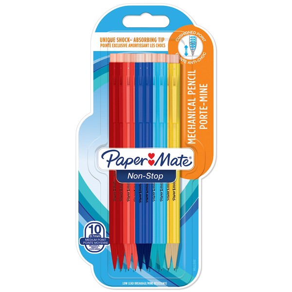 Paper Mate Non-Stop Mechanical Pencil | 0.7mm with Shock-Absorbing Tip | HB #2 | Assorted Barrel Colours | 10 Count