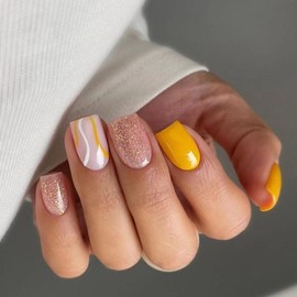 Press on Nails Short Square Fake Nails Glitter Glossy Glue on Nails with Yellow Swirl Design False Nails Cute Acrylic Nails Full Cover Stick on Nails Reusable Artificial Nails for Women Manicure 24Pcs