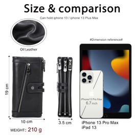 Contacts RFID Women Zipper Wallet Lady Card Coin Holder Phone Clutch Purse Genuine Leather, black, Retro