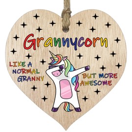 Granny Birthday Gift for Her - Grannycorn - Wooden Heart Plaques, Light Wood Sign Keepsake, Funny Gran Happy Birthday Plaque Grandma Gifts Unicorn Awesome Granny Present from Granson Granddaughter