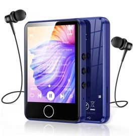 AGPTEK Blue MP3 Player Bluetooth 5.3, 64GB Internal Memory Expandable up to 128GB, 2.8 Inch Full Touch Screen Music Player with Speaker, FM Radio, Earphone & MP3 Protective Case Included