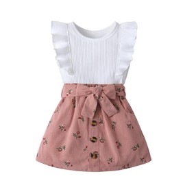 Toddler Infant Baby Girls Summer Sleeveless Ruffle T-shirt Top + Little Kids Short Dress With Pocket + Belt 3PCS Outfits Set 2-3T Pink