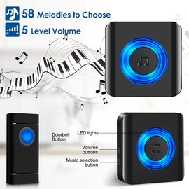 Satisure Wireless Bell, Waterproof Doorbell Set 400 m / 1300 ft Range, Front Door Bell IP55 Outdoor / 58 Melodies / 5 Volume Levels (2 Transmitters and 4 Receivers)