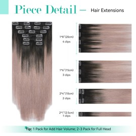 Ukira Ombre Clip in Hair Extensions Real Human Hair, 18 Inch 120g 7pcs Dark Brown Fading to Pink Grey Human Hair Extensions, Silky Straight Remy Human Hair Clip in Extensions for Women