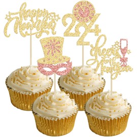 Ephlyn 24 decoraciones para magdalenas de Año Nuevo 2024 , purpurina para el Año Nuevo, sombrero mágico de 2024 para de feliz Año Nuevo 2024, suministros para fiesta de Año Nuevo, oro