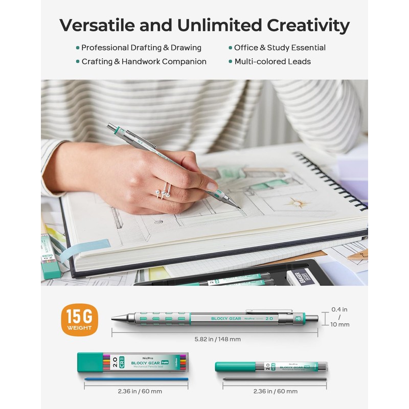 Nicpro 3 Pack Blocky Gear 2.0 mm Metal Mechanical Pencils
