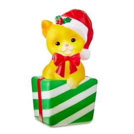 Light-Up Christmas Cat Blow Mold - Classic Design for Tabletop, Mantel, Shelf, 11-inch H, Yellow