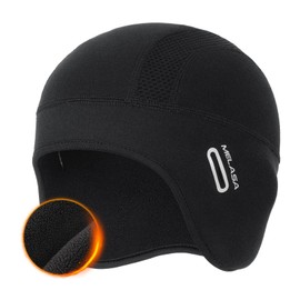 MELASA Thermal Fleece Skull Cap Beanie with Glasses Holes, Ear Warmer Helmet Liner, Winter Cycling Bike Hat for Men Women Black