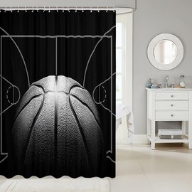Basketball Shower Curtain 72x72 inch for Kids,Sports Bathroom Curtain for Boys,Basketball Court Fabric Shower Curtain for Fan,Black Ball Game Waterproof Bathroom Curtain