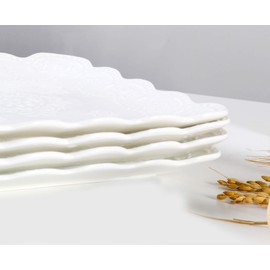 Jusalpha 4 Pack- Square Embossed Lace Ceramic Plate-Tableware Dish Set- 4 Pieces (6 Inches, White)
