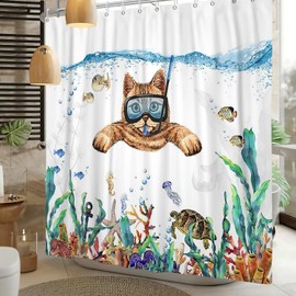 Xiaoterna Ocean Shower Curtain Bubble Marine Life Deep Sea Bathroom Curtain Cat Diving Shower Curtain Tropical Fish Turtle Shower Curtain Machine Washable Waterproof Fabric 105x160cm