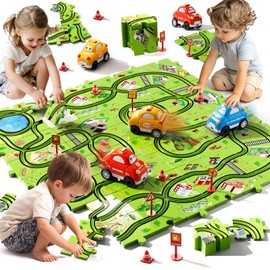 Beby Buty 64 PCS Puzzle Race Track Car Set Toys for Kids Boys, Toddler Toys Gifts for 3 4 5 Year Old Boys, Puzzle Tracks Car Toys for Boys Ages 3-5 4-6, Ideal 3 4 5 6 Year Old Boys Birthday Gifts