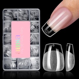 AILLSA Puntas de uñas postizas extracortas tipo ataúd: 15 tamaños, 450 unidades, semimate, preformadas, cobertura total, transparentes, con gel para s