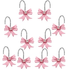 Decorative Shower Curtain Hooks 12PCS Pink Bow Knot Bathroom Shower Hooks Resin Decorative Curtain Hooks Curtain Rings for Bathroom Room Nursery Art Decors