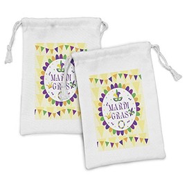 Ambesonne New Orleans Fabric Pouch Set of 2, Mardi Gras Carnival Theme with Traditional Motifs on Triangle Shapes Background, Small Drawstring Bag for Toiletries Masks and Favors, 9" x 6", Multicolor