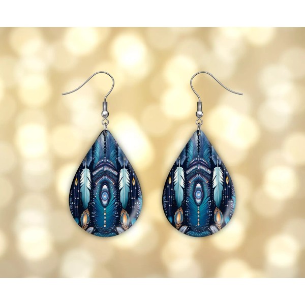 Twisted R Design Blue Feathers Earrings Handmade Wood Tear Drop