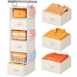 Pipishell Hanging Closet Organizer 6-Shelf, Hanging Shelves for Closet with 3 Removable Drawers & Side Pockets, Hanging Shelf Organizer for Bedroom or Garment Rack, 12'' x 12'' x 43.3'', White