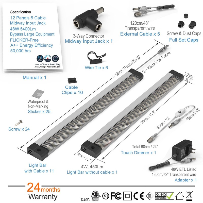 EBD LED Under Cabinet Lights Hardwired Built-in Adjustable Cable 12