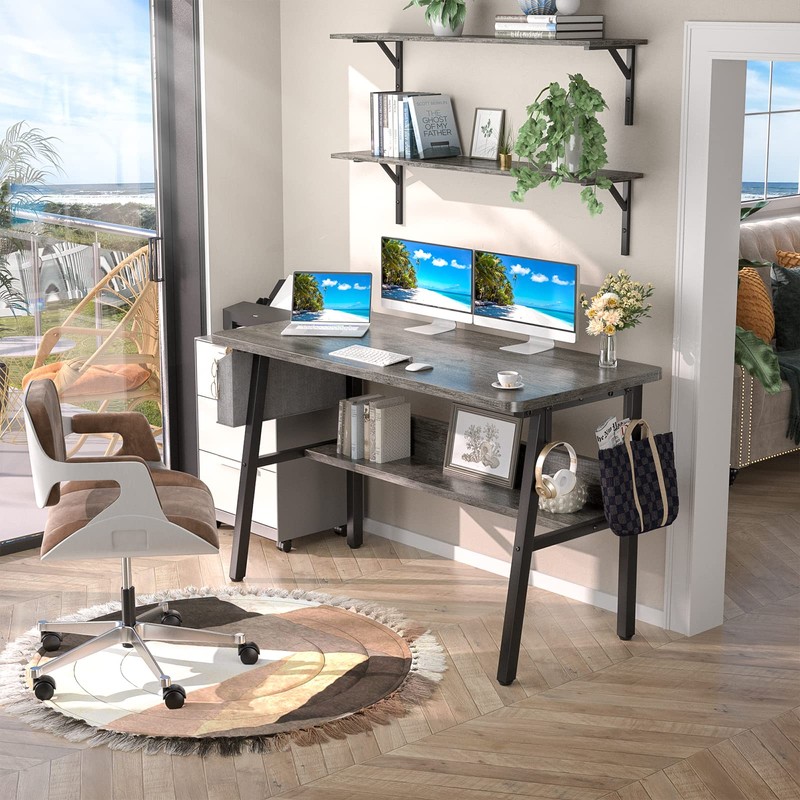 armocity Computer Desk, 55.2 Inch Modern Desk with Bookshelves, 55.2''