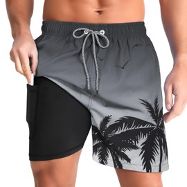 zeetoo Mens Swim Trunks with Compression Liner 5" Inseam Quick Dry Beach Shorts with Zipper Pockets Gradient-Palm-Black XL