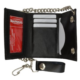 BLACK GENUINE LEATHER Trifold Biker's Wallet ID Card Holder w/Chain Skull