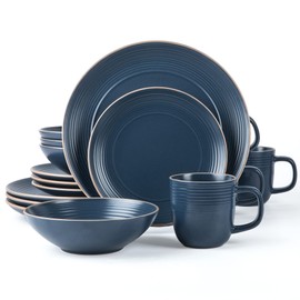 Arora RINGAR Round Stoneware 16pc Dinnerware Set of 4, Dinner Plates, Side Plates, Cereal Bowls, Mugs - Speckle Matte Blue (428051)