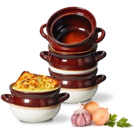 ONEMORE French Onion Soup Bowls, Oven Safe Soup Crocks with Handles, 28 oz- Large Ceramic Bowls for Chili, Beef Stew, Cereal, Pot Pies, Casseroles- Farmhouse Style Microwave & Dishwasher Safe Set of 4