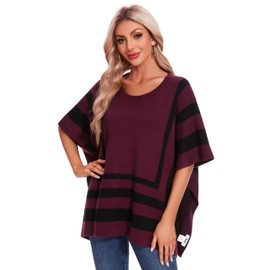 PULI Womens Jacquard Pullover Ponchos Sweater Elegant Shawl Wraps Warm Travel Sweaters for Fall Winter burgundy