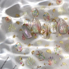 Summer Iridescent Nail Stickers Seashell Starfish Nail Decals Gold Stickers for Nails Design 3D Self Adhesive Nail Art Supplies & Decorations for Women Girls,1 Sheet DIY Manicure Decor