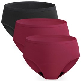 REELINDRY Incontinence Underwear for Women Washable Absorbent Leak Proof Bladder Control Mid Waist Postpartum Panties 3 Pack (1 Black-2 Dark Red, M)