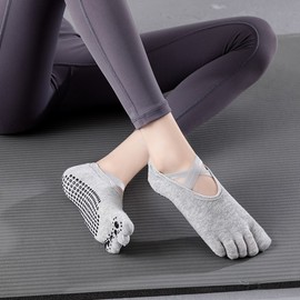 Pilates Non-Slip Toe Yoga Socks with Strap for Exercise Sports Cross Yoga Toe Socks/Black 2ea