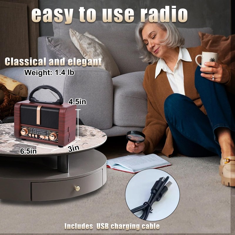 T.TAOMI Retro Portable Radio AM FM SW 3 Band,USB Charging,