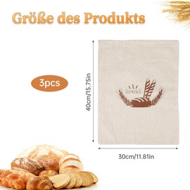 Pack of 3 Linen Bread Bags, 40 x 30 cm Bread Bag Storage, Bread Bag Fresh, Reusable Bread Bags with Drawstring for Bread, Vegetables, Fruits