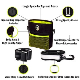 PERRAMA Dog Treat Pouch for Training & Walking, Pet Treat Bag with Poop Bag Dispenser, Pro Clicker, Collapsible Travel Bowl & Reflective Shoulder Strap - Black/Green