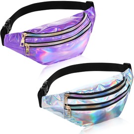 Frienda 2 Pieces Holographic Fanny Pack for Women Colorful Sport Waist Bag Pack(Silver, Purple)