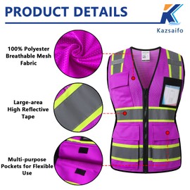 Kazsaifo - Safety Reflective Vest for Men and Women, High Visibility Construction Vest with Pockets, Meets ANSI/ISEA Standards, Purple-w, CH