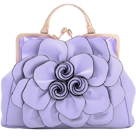 ZiMing Genuine Leather Handbags Women 3D Floral Tote Bags Kiss Lock Purse Top Handle Handbag Evening Bag Shoulder Bag Satchel -Purple