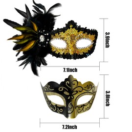 Allruyee 2024 New Feather Masquerade Mask for Women Men Couple,Feather Masquerade Mask for Masquerade Party, Mardi Gras,Cosplay Party Masque (Gold)