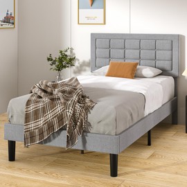VECELO Twin Size Bed Frame with Adjustable Headboard, Upholstered Button Tufted Platform Bedframe with Wood Slats Support, No Box Spring Needed, Light Grey