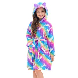 Doctor Unicorn Girls Leopard Cat Robe Kids Fleece Warm Hooded Bathrobe Rainbow Cat - 7-9 Years