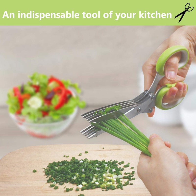 5-Blade Herb Cutter Scissors with Safety Cover, Cleaning Comb -