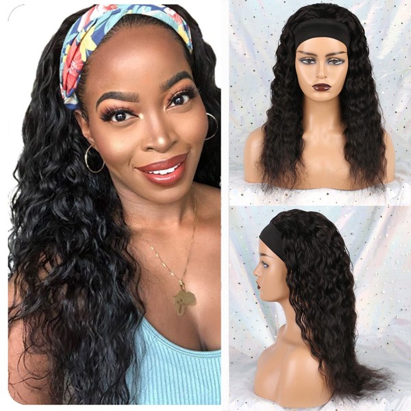 Huarisi 24 Inch No Lace Front Wigs, Brazilian Water Wave, Water Wave Human Hair Headband Wig, Headband Wig, Natural Curls for Black Women