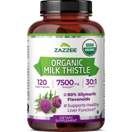 USDA Organic Milk Thistle 7500 mg Strength 120 Vegan Caps 80% Silymarin, Kosher