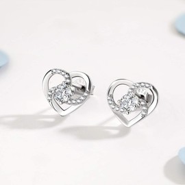 wynn's Silver Stud Earrings for Women, 925 Sterling Silver Heart Studs Earrings,13mm Stud Earring with White Cubic Zirconia, Hypoallergenic Small Slepper Studs
