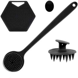 Juego de 4 cepillos corporales de silicona, cepillo para la espalda con mango largo, agarre antideslizante, cerdas suaves. Adecuado para la limpieza y el masaje.(Black)