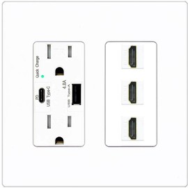 RiteAV 3 Port HDMI Wall Plate - USB A+C Charger [Screwless White]
