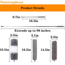 4PCS Ceiling Fan Duster with Extension Pole 16-98'', Microfiber Dust Brush + Gap Mop + Chenille Duster + Retractable Pole, Bendable Washable Feather Dusters for Cleaning Ceilings, Wall and Car