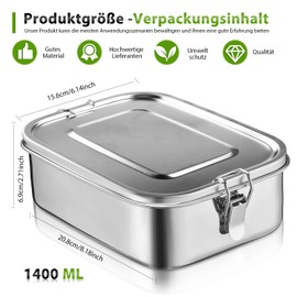 HOSPAOP Edelstahl Brotdose mit Fächern, 1400ml Lunchbox Metall Vesperdose Auslaufsicher mit 3 Fächern, Bento Box Jausenbox Brotbox für Kinder Erwachsene