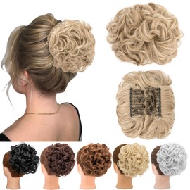 S-noilite Clip in Ponytail Hair Extension Short Messy Curly Dish Hair Bun Easy Stretch Hair Combs Updo Scrunchie Chignon Tray Ponytail Hairpiece -Sandy blonde & bleach blonde